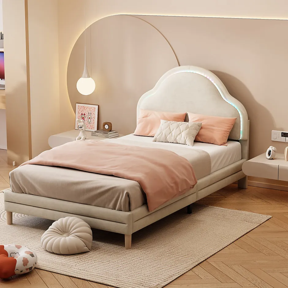 Redom Lit 90x200 cm avec tête de lit en forme de nuage, led multicolores intégrées et revêtement en velours beige
