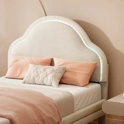 Redom Lit 90x200 cm avec tête de lit en forme de nuage, led multicolores intégrées et revêtement en velours beige