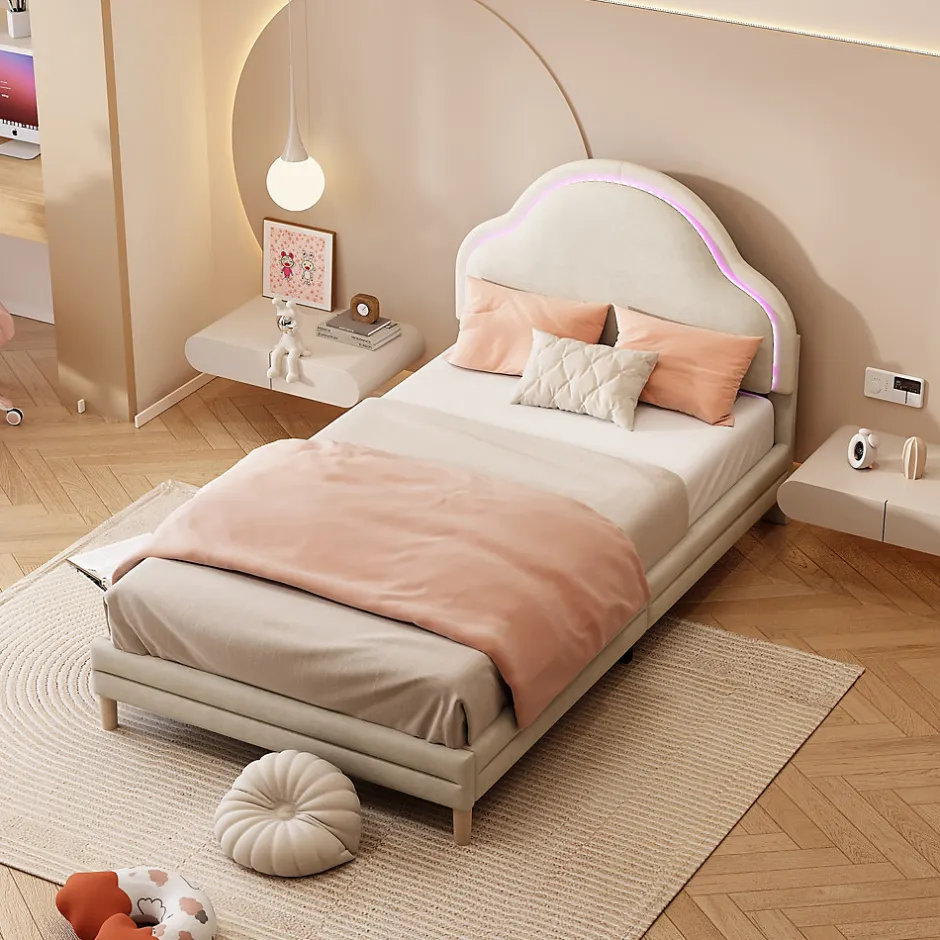 Redom Lit 90x200 cm avec tête de lit en forme de nuage, led multicolores intégrées et revêtement en velours beige