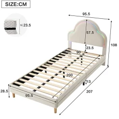 Redom Lit 90x200 cm avec tête de lit en forme de nuage, led multicolores intégrées et revêtement en velours beige