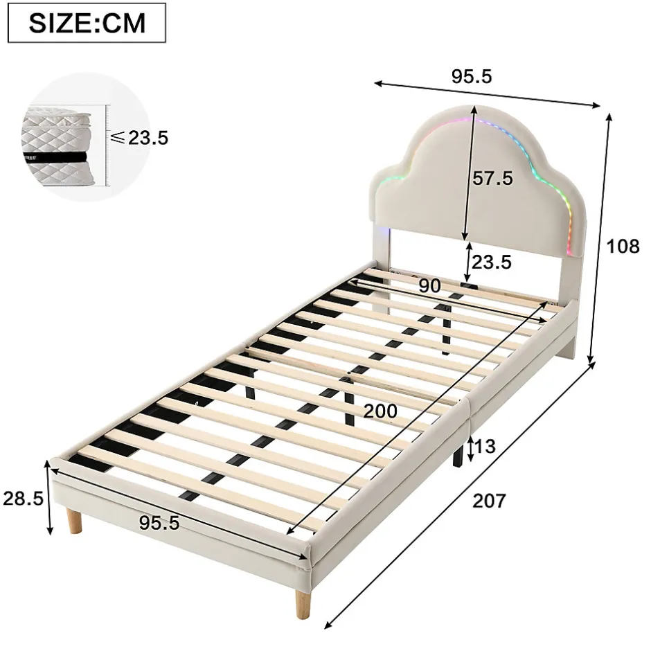 Redom Lit 90x200 cm avec tête de lit en forme de nuage, led multicolores intégrées et revêtement en velours beige