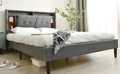 Redom Lit 160x200 cm avec tête de lit espace de rangement, LED et station de charge, cadre bois massif gris Best