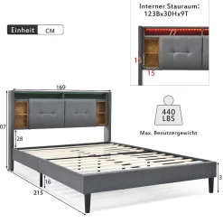 Redom Lit 160x200 cm avec tête de lit espace de rangement, LED et station de charge, cadre bois massif gris Best