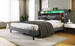 Redom Lit 160x200 cm avec tête de lit espace de rangement, LED et station de charge, cadre bois massif gris Best