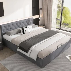 Redom Lit 140x200 cm avec tête de lit capitonnée et rangement hydraulique, tapissé velours gris pour chambre moderne et élégante New