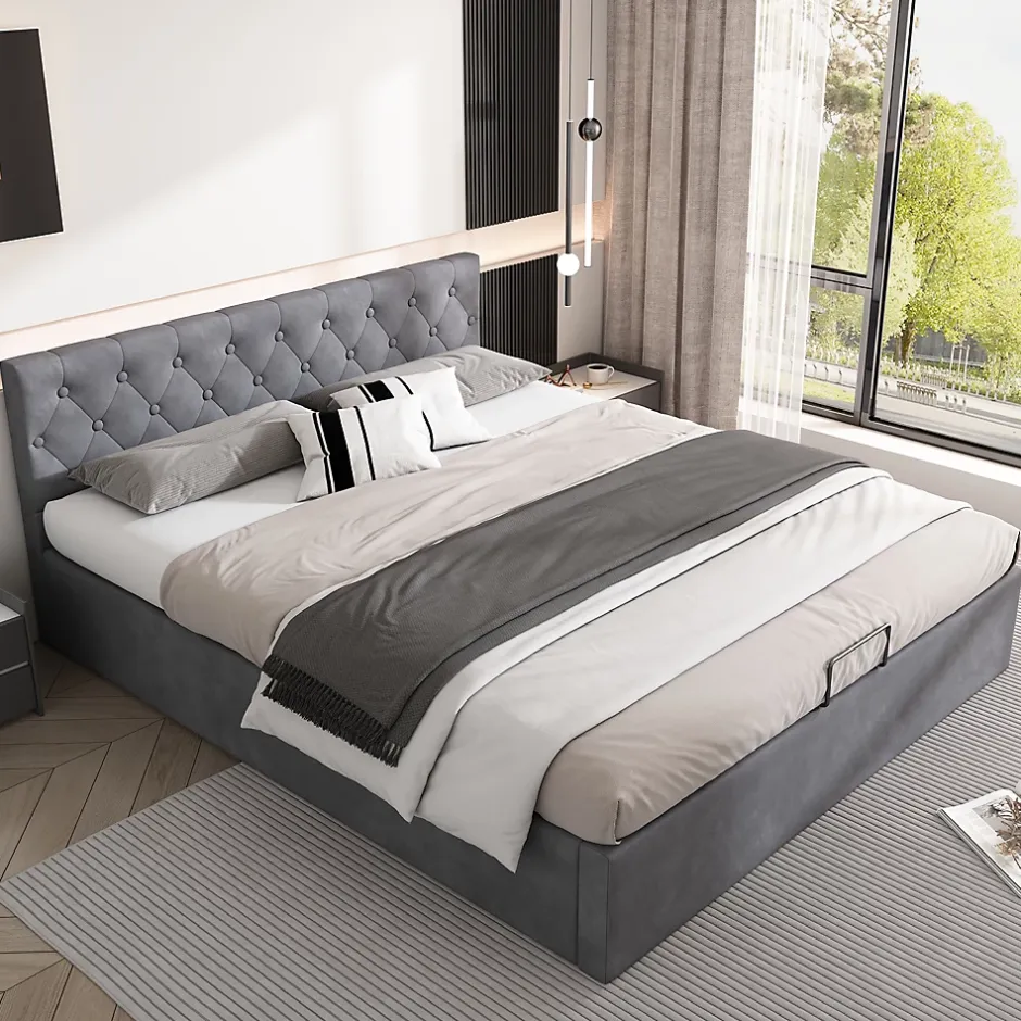 Redom Lit 140x200 cm avec tête de lit capitonnée et rangement hydraulique, tapissé velours gris pour chambre moderne et élégante New