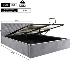 Redom Lit 140x200 cm avec tête de lit capitonnée et rangement hydraulique, tapissé velours gris pour chambre moderne et élégante New