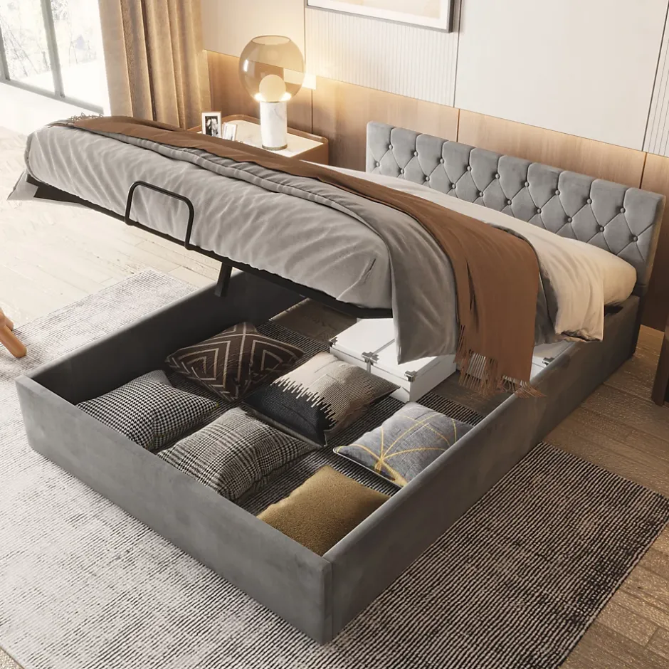Redom Lit 140x200 cm avec tête de lit capitonnée et rangement hydraulique, tapissé velours gris pour chambre moderne et élégante New