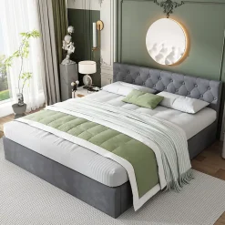 Redom Lit 140x200 cm avec tête de lit capitonnée et rangement hydraulique, tapissé velours gris pour chambre moderne et élégante New