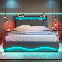 Redom Lit 160x200 cm avec tête de lit à LED, étagères intégrées et revêtement velours gris foncé, espace de rangement