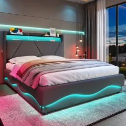 Redom Lit 160x200 cm avec tête de lit à LED, étagères intégrées et revêtement velours gris foncé, espace de rangement