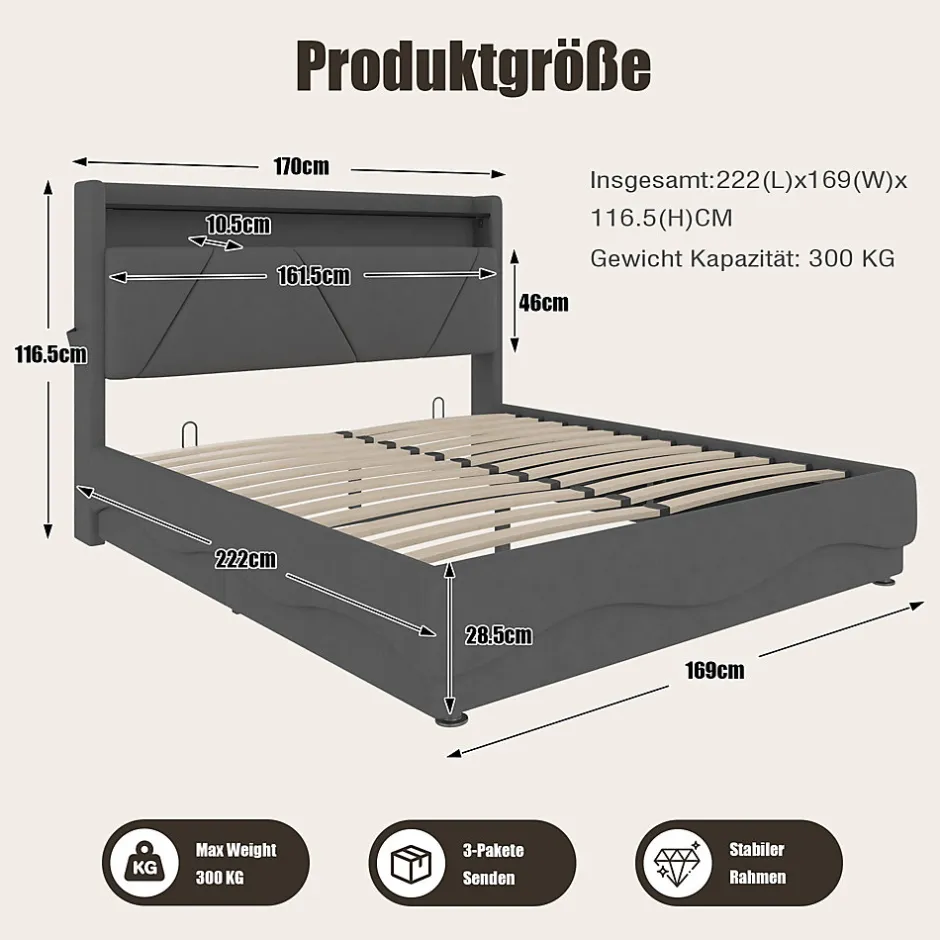 Redom Lit 160x200 cm avec tête de lit à LED, étagères intégrées et revêtement velours gris foncé, espace de rangement