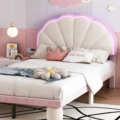 Redom Lit 90x200 cm avec tête de lit rembourrée à bande LED multicolore, tapissé velours beige et rose, pieds ronds Hot