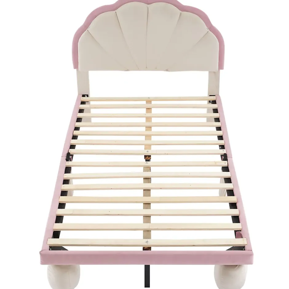 Redom Lit 90x200 cm avec tête de lit rembourrée à bande LED multicolore, tapissé velours beige et rose, pieds ronds Hot