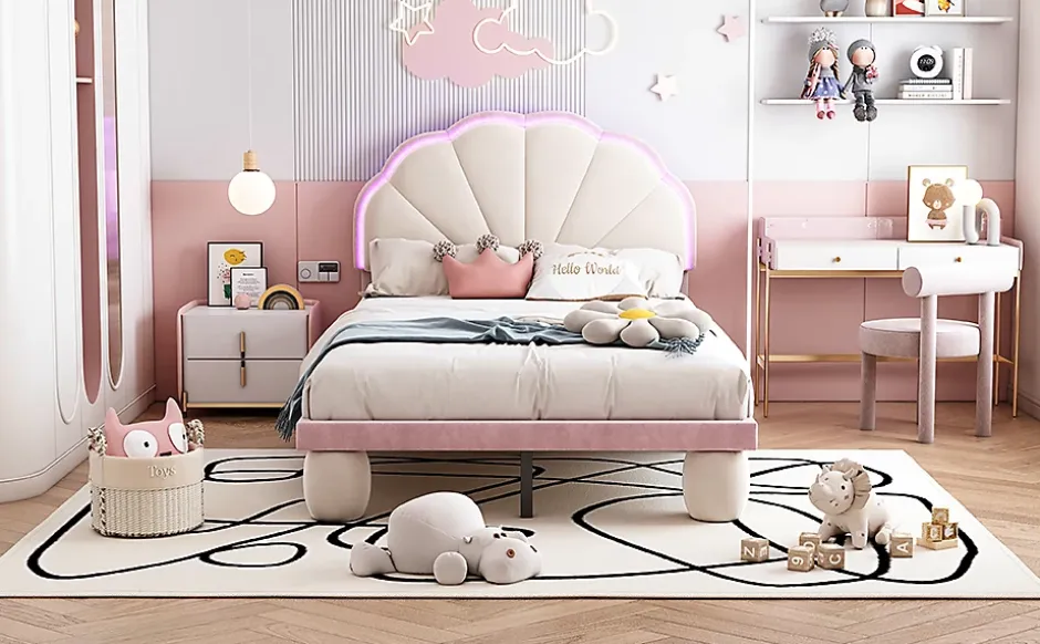 Redom Lit 90x200 cm avec tête de lit rembourrée à bande LED multicolore, tapissé velours beige et rose, pieds ronds Hot