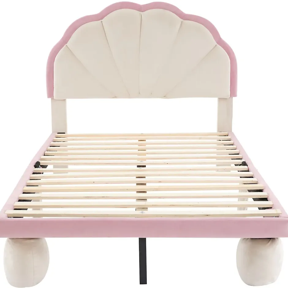 Redom Lit 90x200 cm avec tête de lit rembourrée à bande LED multicolore, tapissé velours beige et rose, pieds ronds Hot