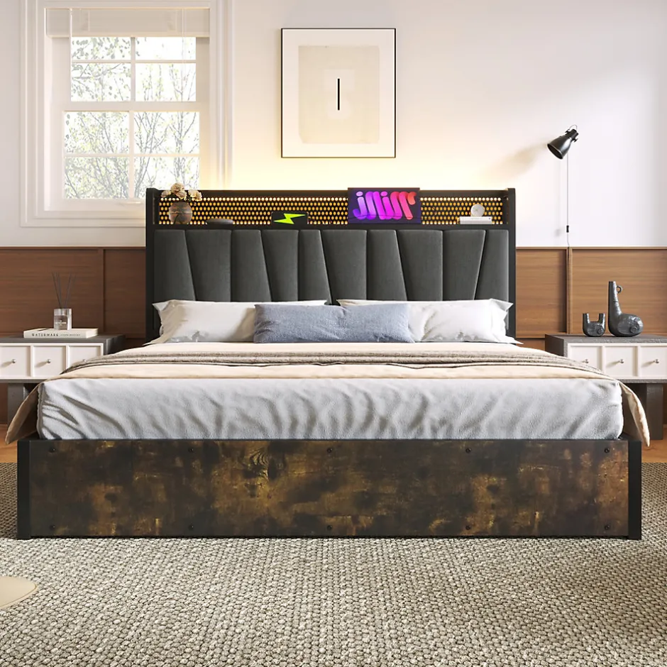 Redom Lit 160x200 cm avec tête de lit LED contrôlable par application, prises USB et coffre, cadre métal gris