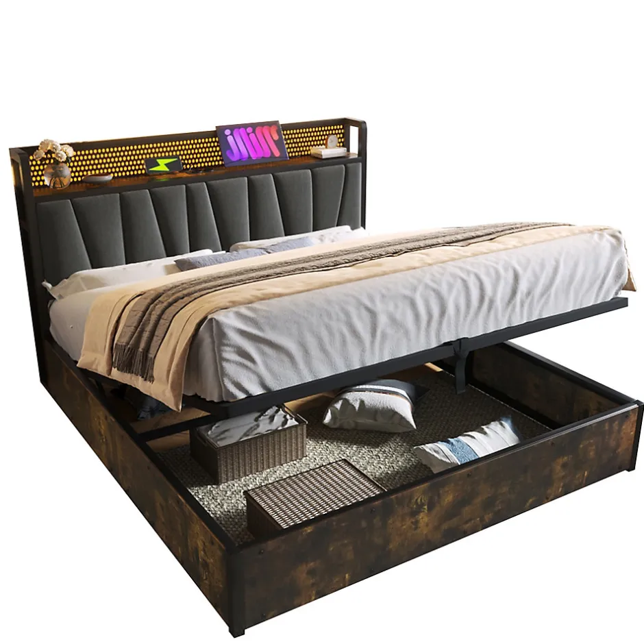 Redom Lit 160x200 cm avec tête de lit LED contrôlable par application, prises USB et coffre, cadre métal gris