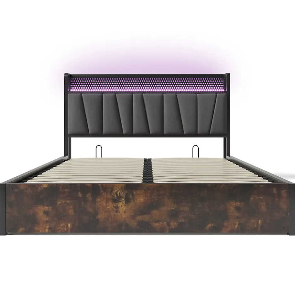 Redom Lit 160x200 cm avec tête de lit LED contrôlable par application, prises USB et coffre, cadre métal gris