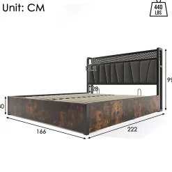 Redom Lit 160x200 cm avec tête de lit LED contrôlable par application, prises USB et coffre, cadre métal gris