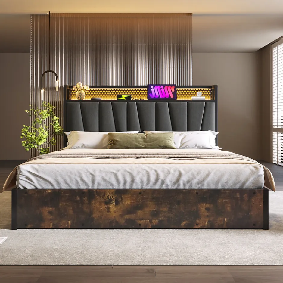 Redom Lit 140x200 cm avec tête de lit LED RGBW, prises USB intégrées, coffre de rangement et cadre métal gris design
