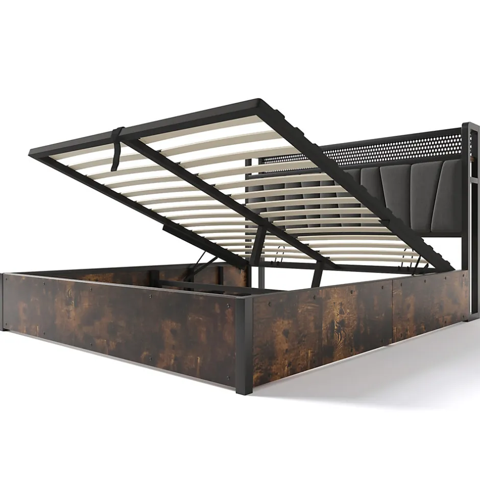 Redom Lit 140x200 cm avec tête de lit LED RGBW, prises USB intégrées, coffre de rangement et cadre métal gris design