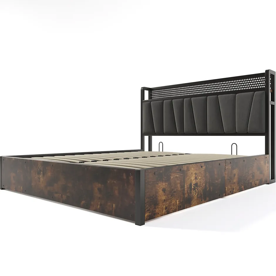 Redom Lit 140x200 cm avec tête de lit LED RGBW, prises USB intégrées, coffre de rangement et cadre métal gris design