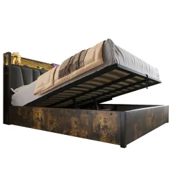 Redom Lit 140x200 cm avec tête de lit LED RGBW, prises USB intégrées, coffre de rangement et cadre métal gris design