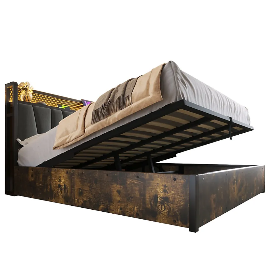 Redom Lit 140x200 cm avec tête de lit LED RGBW, prises USB intégrées, coffre de rangement et cadre métal gris design