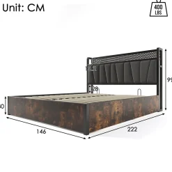 Redom Lit 140x200 cm avec tête de lit LED RGBW, prises USB intégrées, coffre de rangement et cadre métal gris design