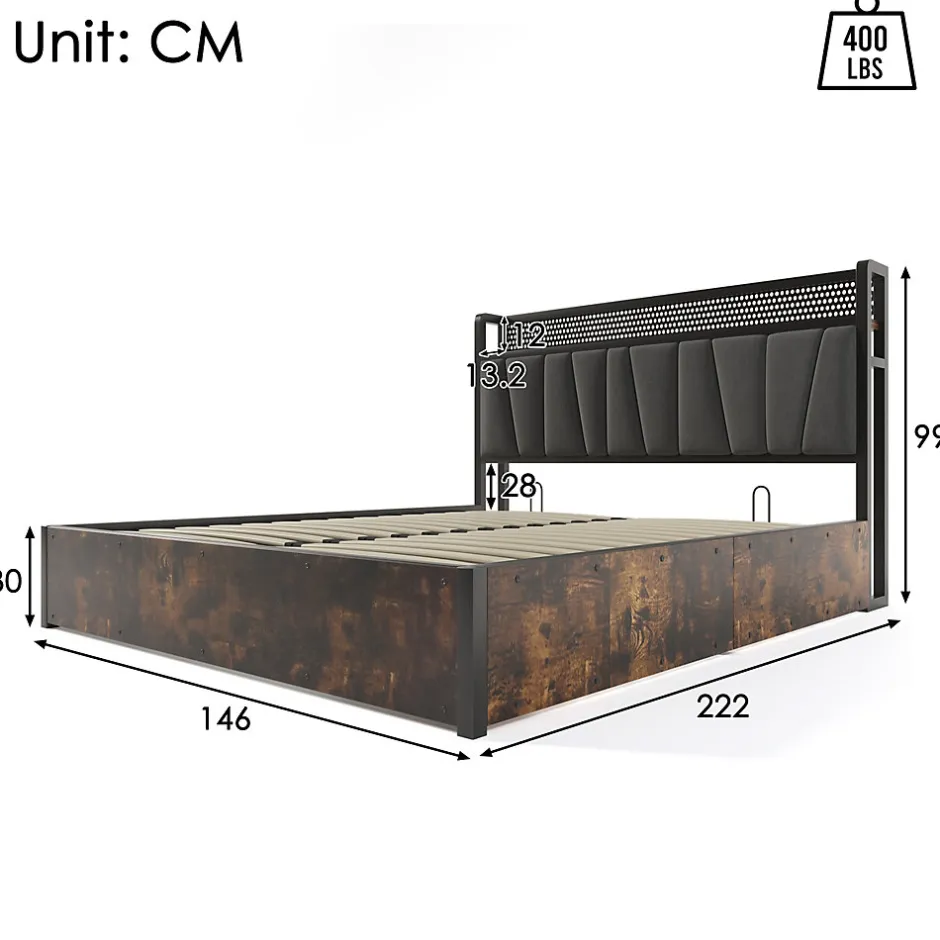 Redom Lit 140x200 cm avec tête de lit LED RGBW, prises USB intégrées, coffre de rangement et cadre métal gris design