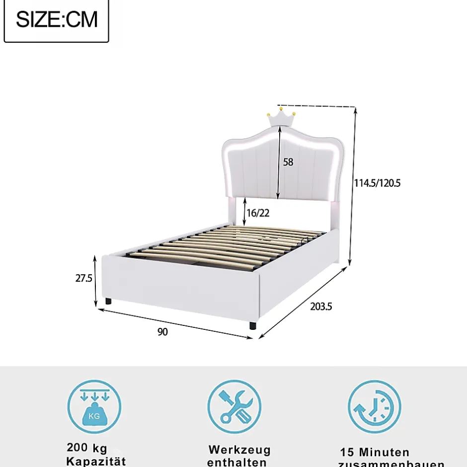 Redom Lit 90x200 cm avec tête de lit coquillage couronnée et coffre hydraulique, éclairage LED, tapissé cuir blanc Best