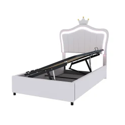 Redom Lit 90x200 cm avec tête de lit coquillage couronnée et coffre hydraulique, éclairage LED, tapissé cuir blanc Best