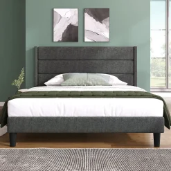 Redom Lit 140x200 cm avec tête de lit rembourrée, sommier à lattes intégré et revêtement lin gris foncé