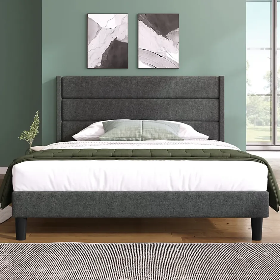 Redom Lit 140x200 cm avec tête de lit rembourrée, sommier à lattes intégré et revêtement lin gris foncé