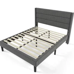 Redom Lit 140x200 cm avec tête de lit rembourrée, sommier à lattes intégré et revêtement lin gris foncé