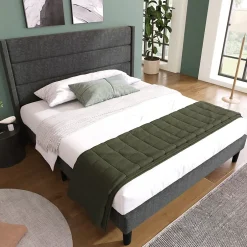 Redom Lit 140x200 cm avec tête de lit rembourrée, sommier à lattes intégré et revêtement lin gris foncé