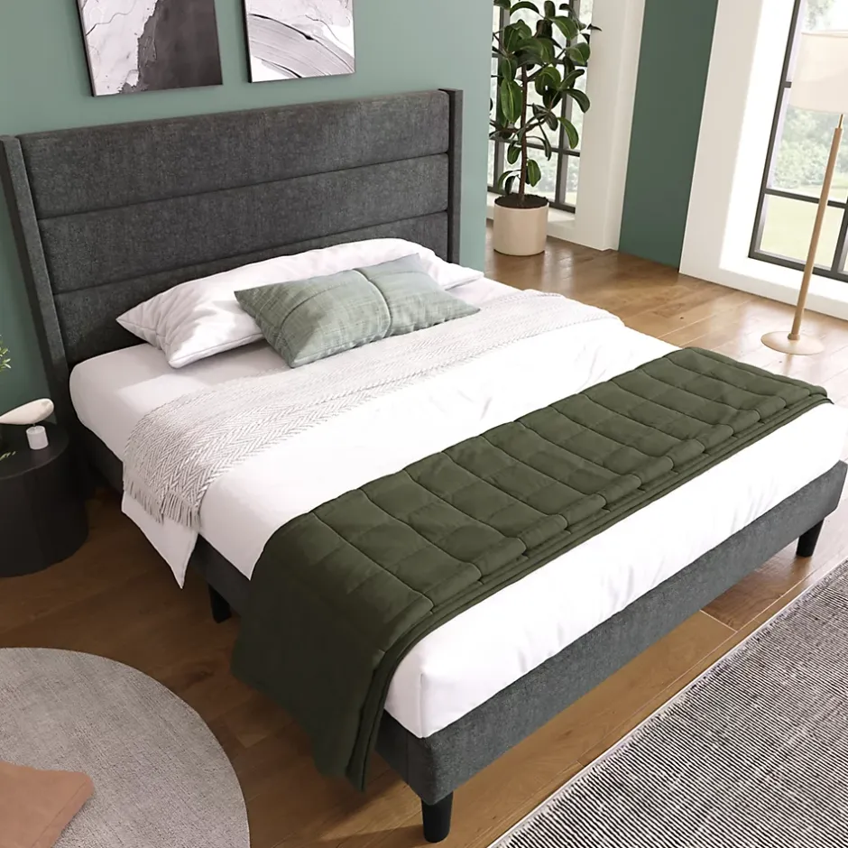 Redom Lit 140x200 cm avec tête de lit rembourrée, sommier à lattes intégré et revêtement lin gris foncé