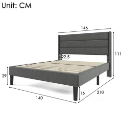 Redom Lit 140x200 cm avec tête de lit rembourrée, sommier à lattes intégré et revêtement lin gris foncé