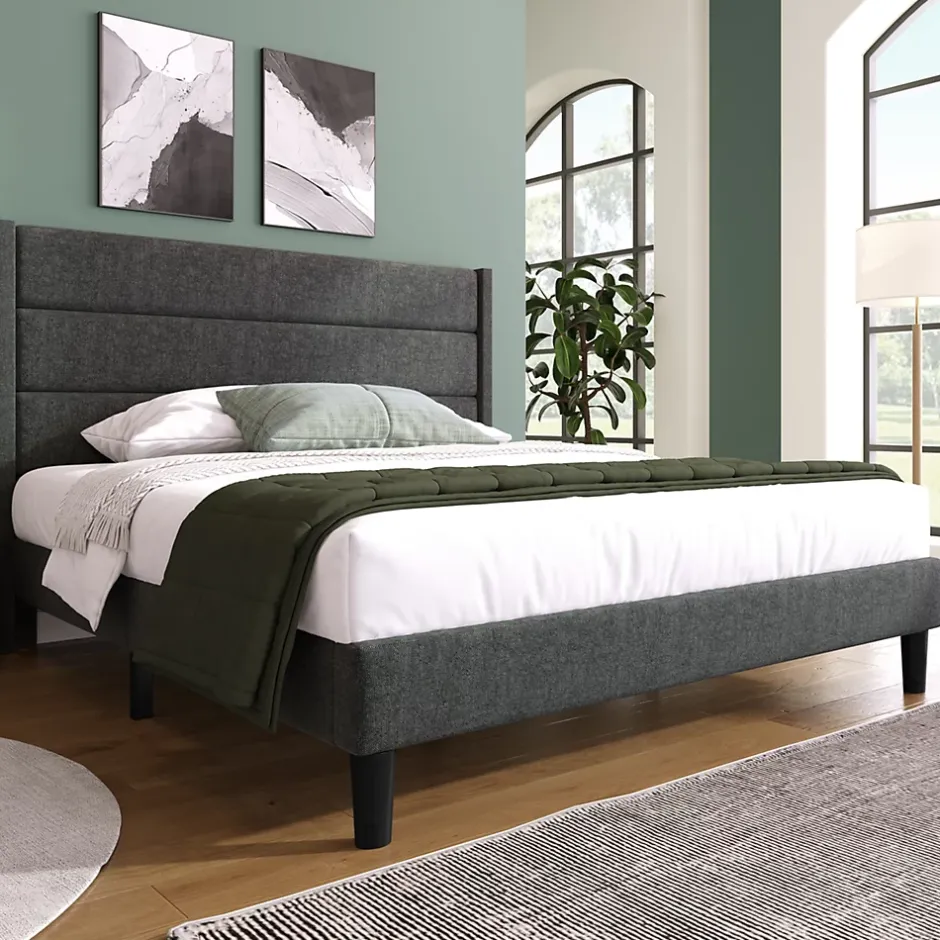 Redom Lit 140x200 cm avec tête de lit rembourrée, sommier à lattes intégré et revêtement lin gris foncé
