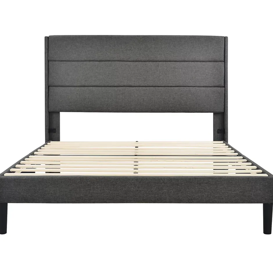 Redom Lit 140x200 cm avec tête de lit rembourrée, sommier à lattes intégré et revêtement lin gris foncé