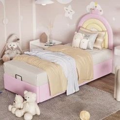 Redom Lit 90x200 cm avec tête de lit réglable, tapissé PU rose et sommier à lattes, design contemporain Online