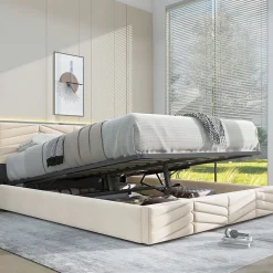 Redom Lit 140x190 cm avec tête de lit capitonnée réglable en velours beige, design intemporel classique et contemporain Discount
