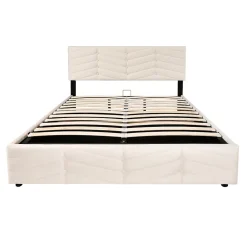 Redom Lit 140x190 cm avec tête de lit capitonnée réglable en velours beige, design intemporel classique et contemporain Discount