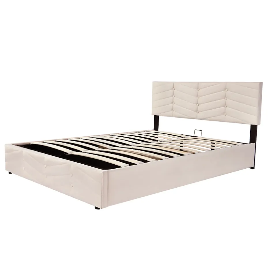 Redom Lit 140x190 cm avec tête de lit capitonnée réglable en velours beige, design intemporel classique et contemporain Discount