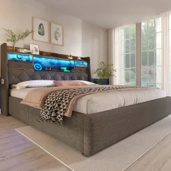 Redom Lit 140x200 cm avec tête de lit à éclairage led et rangement hydraulique, revêtement en lin gris style rétro Best