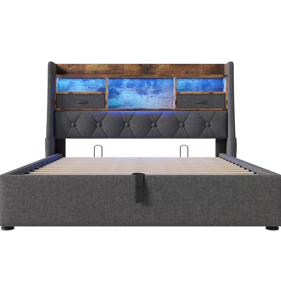 Redom Lit 140x200 cm avec tête de lit à éclairage led et rangement hydraulique, revêtement en lin gris style rétro Best