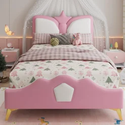 Redom Lit 90x200 cm avec tête de lit en forme de couronne, tapissé PU rose et blanc, cadre métal et pieds dorés