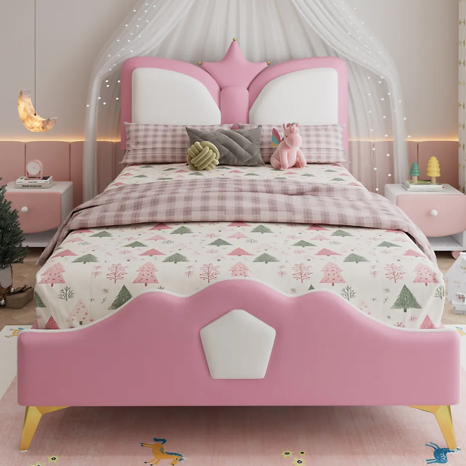 Redom Lit 90x200 cm avec tête de lit en forme de couronne, tapissé PU rose et blanc, cadre métal et pieds dorés