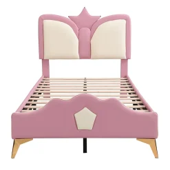 Redom Lit 90x200 cm avec tête de lit en forme de couronne, tapissé PU rose et blanc, cadre métal et pieds dorés